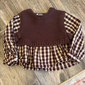 Zara Kids Brown and Cream Checkered Sweater Top